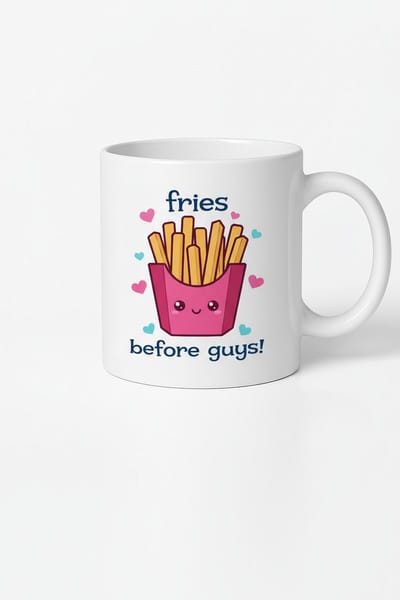 Grappige Mok 'Fries Before Guys' met Schattige Frietjes en Harten - Perfect Cadeau