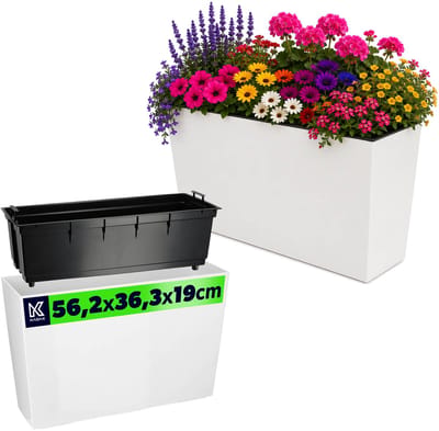KADAX Bloembak van kunststof, 18,5 x 55,7 cm, 5 kleuren, bloempot met irrigatiebanden, balkonbak met inzetstuk, plantenbak voor buiten, bloembak (wit, rechthoekig, glanzend)