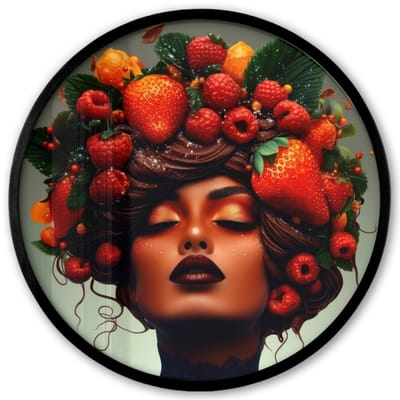 Poster in lijst Rond - Fotolijst 40x40 cm - Posters - Vrouw - Chocolade - Frambozen - Aardbeien - Koekjes - Ronde posterlijst zwart - Decoratie - Wanddecoratie woonkamer - Muurdecoratie slaapkamer