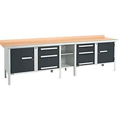 Schäfer Shop Select PWi 300-2 werkbank in kastuitvoering, beuken multiplexplaat, met stalen rand, tot 750 kg, B 3000 x D 700 x H 840 mm, antraciet/lichtgrijs