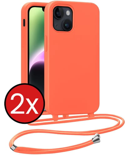 Hoesje Geschikt voor iPhone 13 Mini Hoesje Siliconen Case Met Koord - Hoes Geschikt voor iPhone 13 Mini Hoesje Backcover Met Telefoonkoord - Papaya - 2 PACK
