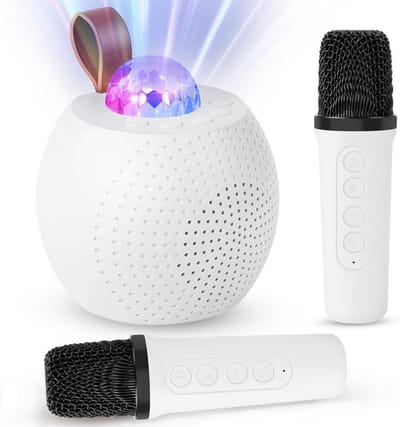 longziming -Draagbare Karaokespeaker Met 2 Draadloze Microfoons - 6 LED-Lichtmodi - 5 Leuke Stemeffecten Voor Feestjes - wit