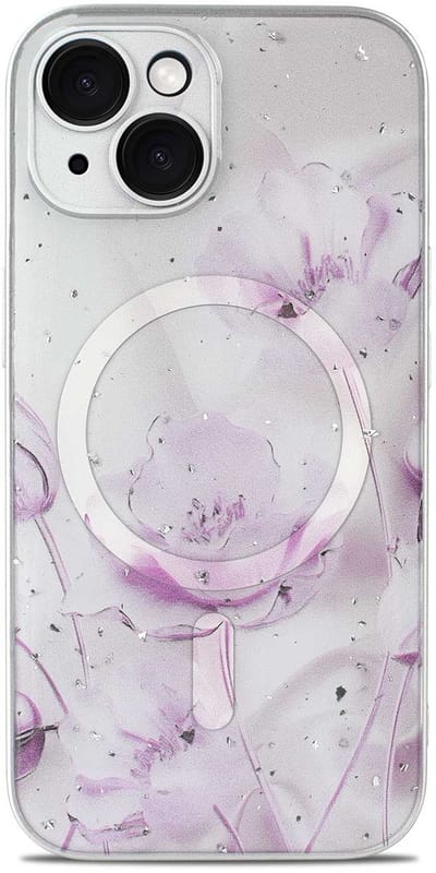 Casemania Hoesje Geschikt voor Apple iPhone 13 - Licht Roze - Bloemen Glitter Back Cover met Camera Bescherming - Geschikt voor MagSafe