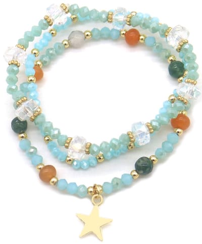 Armbanden – set van 2 – goudkleurig – blauw – elastiek – kralen – accessoire – sieraad – pols – zomer – vrolijk – cadeau – feest – verjaardag – vakantie