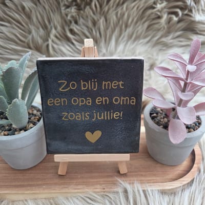 Robuust wenstegeltje – Zo Blij met een opa en oma zoals Jullie – 10x10 cm – Spreuktegel – Cadeau voor opa en oma – Trendy nu – Zomaar – Familie – Decoratief Tegeltje met Standaard – Cadeau Idee