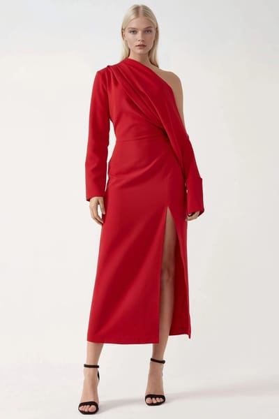 Asymmetrische Kraag Bodycon Midi Jurk met Splits
