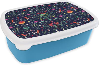 Broodtrommel Blauw - Lunchbox - Brooddoos - Bloemen - Eekhoorn - Patronen - 18x12x6 cm - Kinderen - Jongen