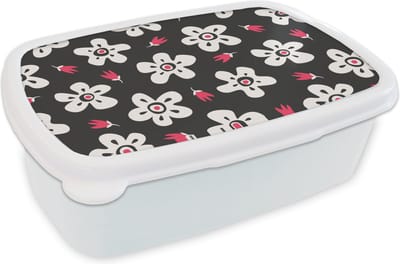 Broodtrommel Wit - Lunchbox - Brooddoos - Patronen - Bloemen - Sterren - 18x12x6 cm - Volwassenen