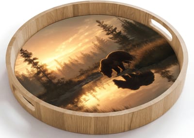 Dienblad rond 40x40 cm - Schootdienblad hout - Beer - water - Bos - Ochtendlicht - Borrelplank rechthoek - Plateau houten dienbladen