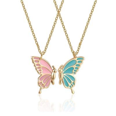 Bixorp Friends BFF Ketting voor 2 met Vlinders - Roze & Blauw aan Goudkleurig Koord - Cadeau voor Haar / Dames / Vriendin / Mama / Vrouwen- Best Friends    voor Twee