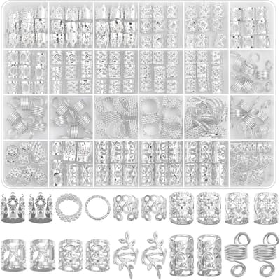 Famanu – 220-delige zilveren vlechtsieraden/dreadlock charms, ringen/cuffs/clips