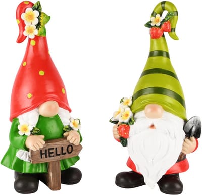 Dekoratief | Gnoom aardbei, groen/rood, resina, 12x10x28cm, set van 2 stuks | A250552