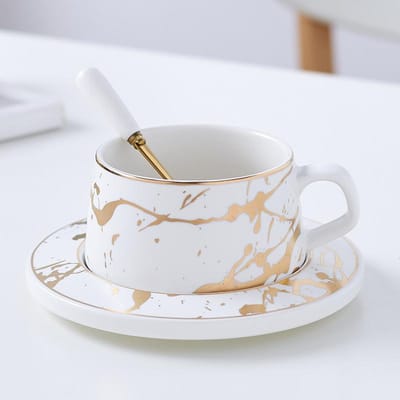 Marbre Design Créatif Tasse à Thé et Soucoupe Tasse à Eau Céramique Ensemble de Tasses à Café Or Cadeau Premium Vert Paon 301-400ml