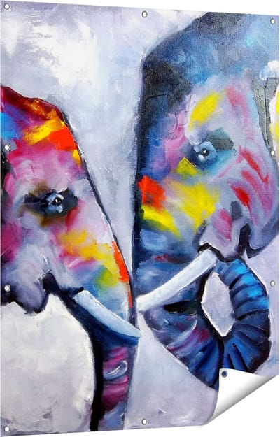 Gards Tuinposter Twee Getekende Olifanten - Abstract - 90x120 cm - Tuindoek - Tuindecoratie - Wanddecoratie buiten - Tuinschilderij