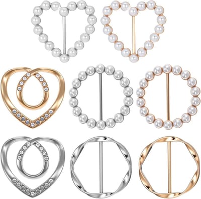 8-delige Sjaalring Clip Set met 4 Stijlen - Mode Metalen Ronde Cirkel T-shirt Knoop Clips, Strass Gesp en Parels voor Dames, Ideaal voor Kleding en Accessoires