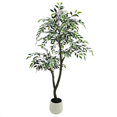 Kunstmatige Ficus Boom - Voor Huis & Binnen - Nep Treurvijg met Natuurlijke Houten Stam - 150 cm, Zijde Bladeren, Witte Pot