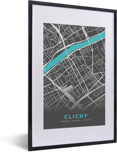 Fotolijst incl. Poster - Kaart - Stadskaart - Plattegrond - Frankrijk - Clichy - 40x60 cm - Posterlijst