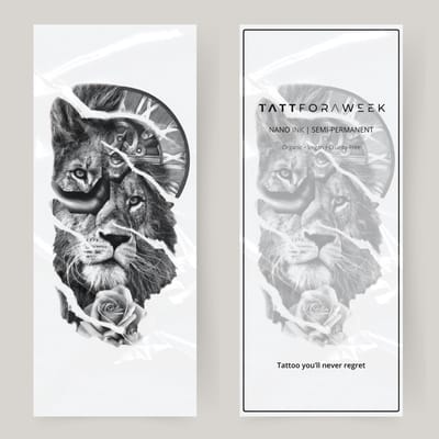 Grote nep tattoo leeuw & klok | Neptattoo volwassenen | Tijdelijke tattoo voor volwassenen | Temporary tattoo | Plaktattoos voor volwassenen | Neptattoos | Probeer zorgeloos een tattoo | tattforaweek