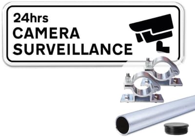 Camera surveillance bord - Weerbestendig Aluminium - 40x15 cm - Bevestiging: Met paal 120 cm + paalbeugels + paaldop
