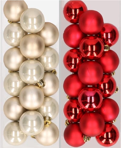 Kleine kerstballen - 32x st - champagne en rood - D4 cm - kunststof - kerstversiering