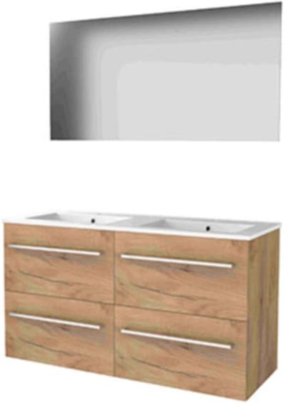 Basic-Line Ultimate 46 Badkamermeubelset - 120 x 46 cm - Met Grepen - 4 Lades - Keramische Wastafel - 2 Kraangaten - Spiegel met Indirecte LED Verlichting - Whisky Oak