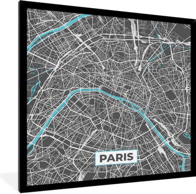 Fotolijst incl. Poster - Parijs - Stadskaart - Frankrijk - Kaart - Plattegrond - 40x40 cm - Posterlijst