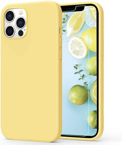 HB Hoesje en Glas Geschikt voor Apple iPhone 12 / 12 Pro - Geel - Siliconen Back Cover + 1x Glazen Screenprotector