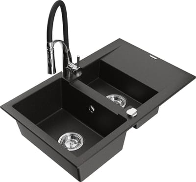 Mexen Gaspar granieten gootsteen 1,5-komorige met afdruiprek en keukenmengkraan Aster, zwart/goud metallic - 6507-75-73450-07