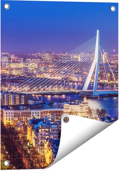 Gards Tuinposter Rotterdamse Skyline met de Erasmusbrug - 40x50 cm - Tuindoek - Tuindecoratie - Wanddecoratie buiten - Tuinschilderij