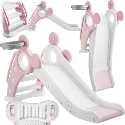 tectake® Kinderglijbaan - Glijbaan Peuter - Vanaf 2 jaar - Met basketbalring - Opvouwbaar - 128 x 66,5 x 67,5 cm - Voor binnen en buiten - Roze