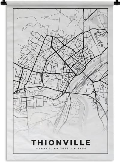 Wandkleed - Wanddoek - Frankrijk - Thionville - Plattegrond - Stadskaart - Kaart - Zwart wit - 120x180 cm - Wandtapijt