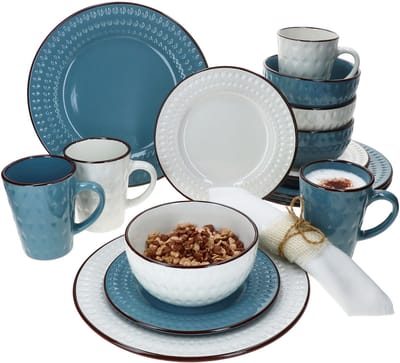 16-delig ROME wit & blauw combinatieservies voor 4 personen van steengoed - 2x per stuk 24323268, 24323292, 24323256, 24323280, 24323262, 24323286, 24323250 & 24323274