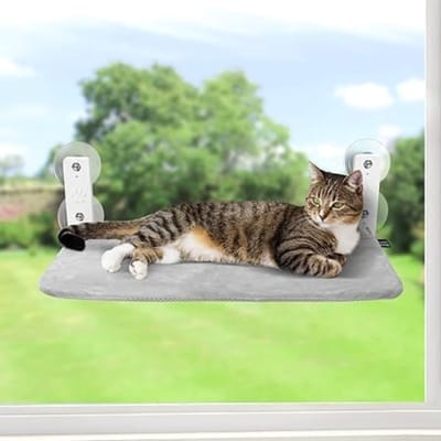 Famanu – Raamligstoel Voor Katten Hangmat Raamzitplaatsen Kattenbed Raam Opvouwbare Kattenhangmat Raamhangmat Kattenligstoel Kattenhangbed met Sterke zuignappen (grijs - S)