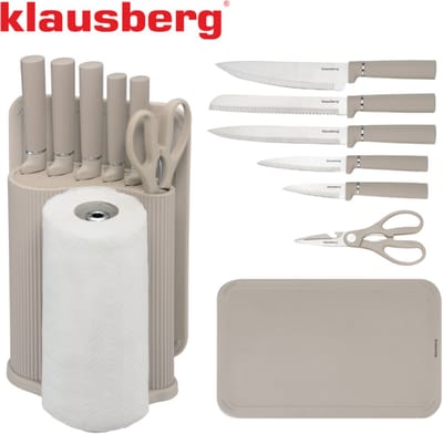 Klausberg KB-7978 8 Delig Keukenset - Messenset met Snijplank en Papierrolhouder - Beige Roestvrij Staal