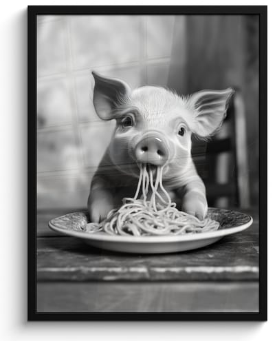 Fotolijst incl. Poster Zwart Wit- Varken - Schattig - Spaghetti - Zwart wit - Dier - 50x70 cm - Posterlijst