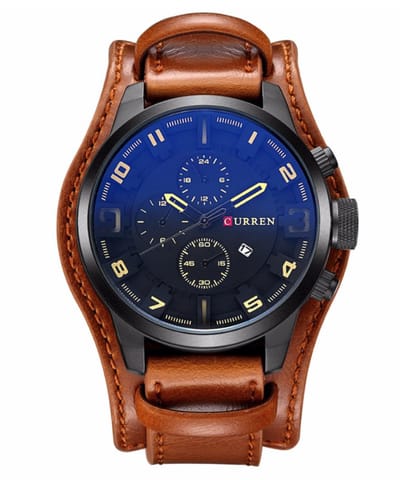 Curren Horloge Blauwe Gloed Ø 47 - Bruin/Zwart - Kunstleer - Inclusief Horlogedoosje