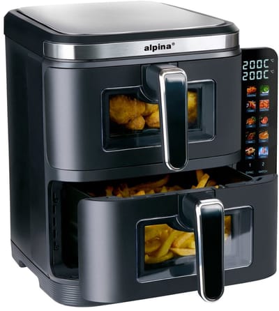 alpina Dubbele Airfryer XXL - Air Fryer 11L - Heteluchtfriteuse met 2 Manden - Duo Oven voor 8 Personen - Opvouwbaar Display - Timerfunctie tot 60 Minuten - Temperatuur 60-200°C - Zwart