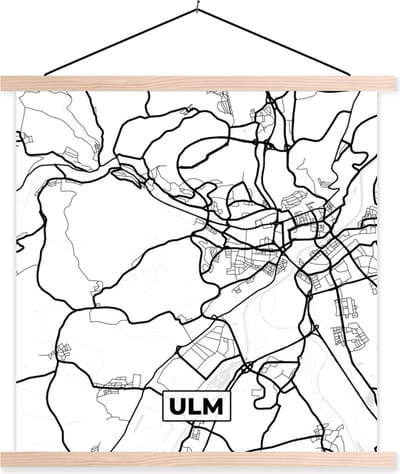 Posterhanger incl. Poster 40x40 cm - Schoolplaat - Plattegrond - Ulm - Kaart - Stadskaart - Textielposter - Blanke latten - Stadskaart