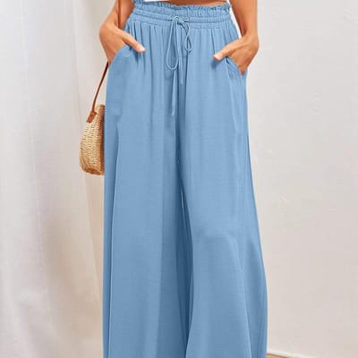 Dames Casual Broek Losse Wijde Pijpen Broek Zachte Elastische Taille Print Hoge Taille Broek Geplisseerd Vakantie Strand Broek S blauw