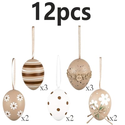 Livé® 12 Paasei Ornamenten – 6 cm Boho Decoratie – Bruin & Wit