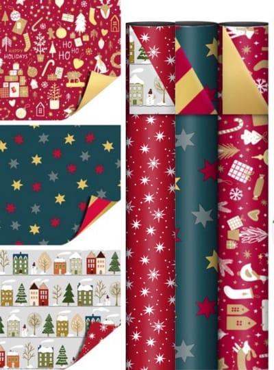 3 rollen Kerst Inpakpapier Dubbelzijdig - 70 x 200 cm - Cadeaupapier Rood Goud Groen