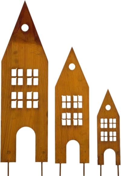 Metalen Huizen - Tuindecoratie Stekkers - Buiten Decoratie - Roestlook Metaal - 3 Stuks - Roestkleur