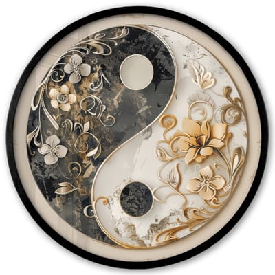 Poster in lijst Rond - Fotolijst 40x40 cm - Posters - Yin Yang - Bloemen - Zwart - Wit - Vintage - Ronde posterlijst zwart - Decoratie - Wanddecoratie woonkamer - Muurdecoratie slaapkamer