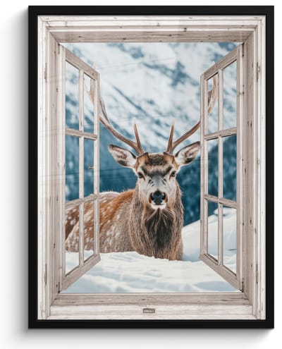 Poster in lijst - Fotolijst 50x70 cm - Posters - Hert - Winterlandschap - Natuur - Dieren - Doorkijk - Bergen - Posterlijst zwart - Decoratie - Wanddecoratie woonkamer - Muurdecoratie slaapkamer