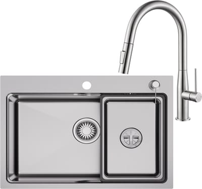 CECIPA MAX Spoelbak Keuken 68x48CM - Spoelbakken Keuken Met Keukenkraan Met Uittrekbare Uitloop - Enkele spoelbakken RVS - Met Korf, Zeepdispenser en Afvoerset - Voor 80 cm Kast