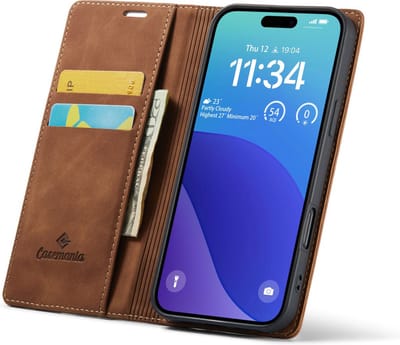 CaseMania Bookcase hoesje geschikt voor iPhone 16 Pro - Effen Cognac - Kunstleer