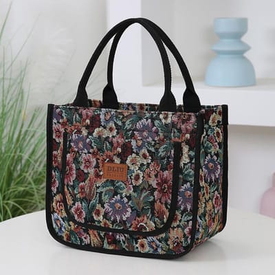 Vintage Bloemige Tote Bag Grote Capaciteit Buiten Mama Tas Olieverf Stijl Kantoor Draagbare Lunchbox Opbergtas Verdikte Stof black