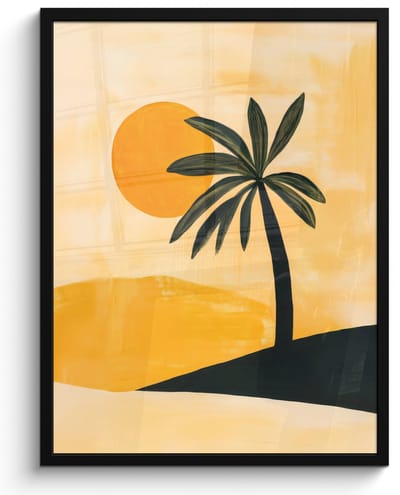 Poster in lijst - Fotolijst 50x70 cm - Posters - Illustratie - Palmboom - Zon - Heuvels - Posterlijst zwart - Decoratie - Wanddecoratie woonkamer - Muurdecoratie slaapkamer