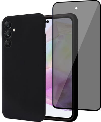 Geschikt voor Samsung Galaxy A35 - Hoesje + Privacy Screenprotector – Privé Gehard Glas Cover - Suède Case Zwart