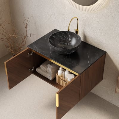 MODFU Badkamermeubel Met Keramische Wastafel - Soft-Close - Steenlook - Sintersteen En Multiplex - Zwart Bruin Eiken